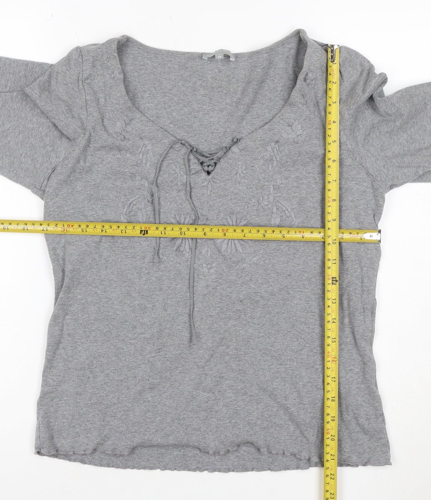 Per Una Women Grey UK 18 Embroidered Floral Lace-Up 3/4 Sleeve Blouse