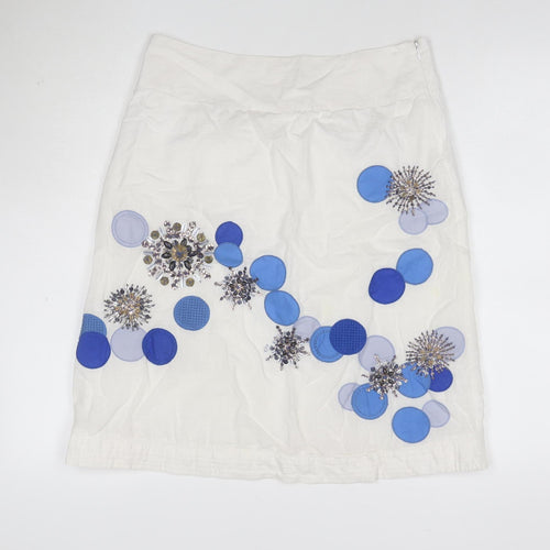Monsoon Women White UK 12 Beaded Floral Cotton Knee Length Skirt
