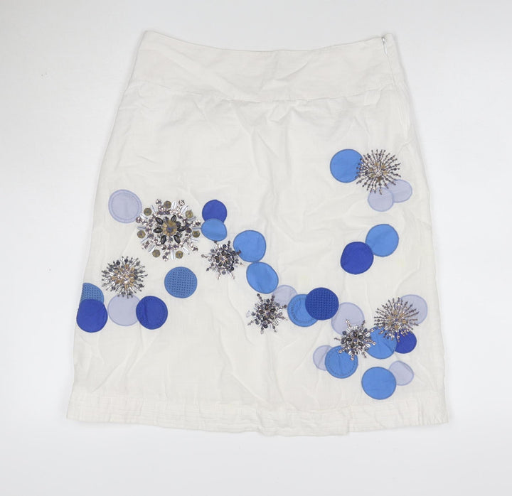 Monsoon Women White UK 12 Beaded Floral Cotton Knee Length Skirt