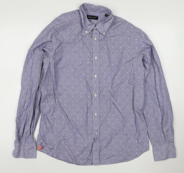 Massimo Dutti Men’s Blue L Cotton Geometric Button-Down Long Sleeve Shirt
