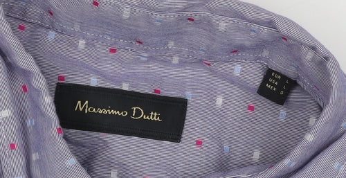 Massimo Dutti Men’s Blue L Cotton Geometric Button-Down Long Sleeve Shirt