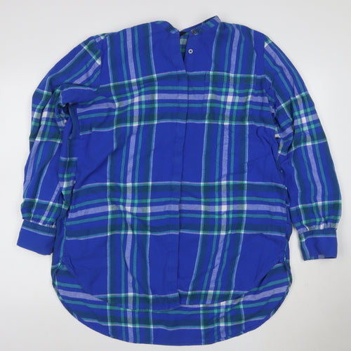 Lands' End Women Blue Plaid L Cotton Long Sleeve Tunic Blouse