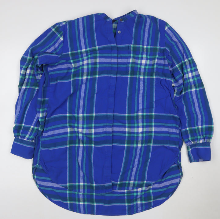 Lands' End Women Blue Plaid L Cotton Long Sleeve Tunic Blouse