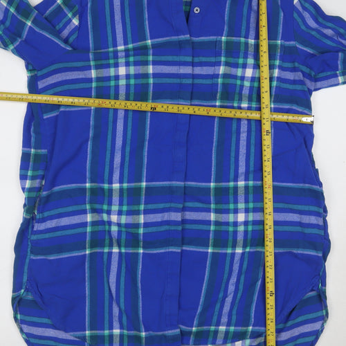 Lands' End Women Blue Plaid L Cotton Long Sleeve Tunic Blouse