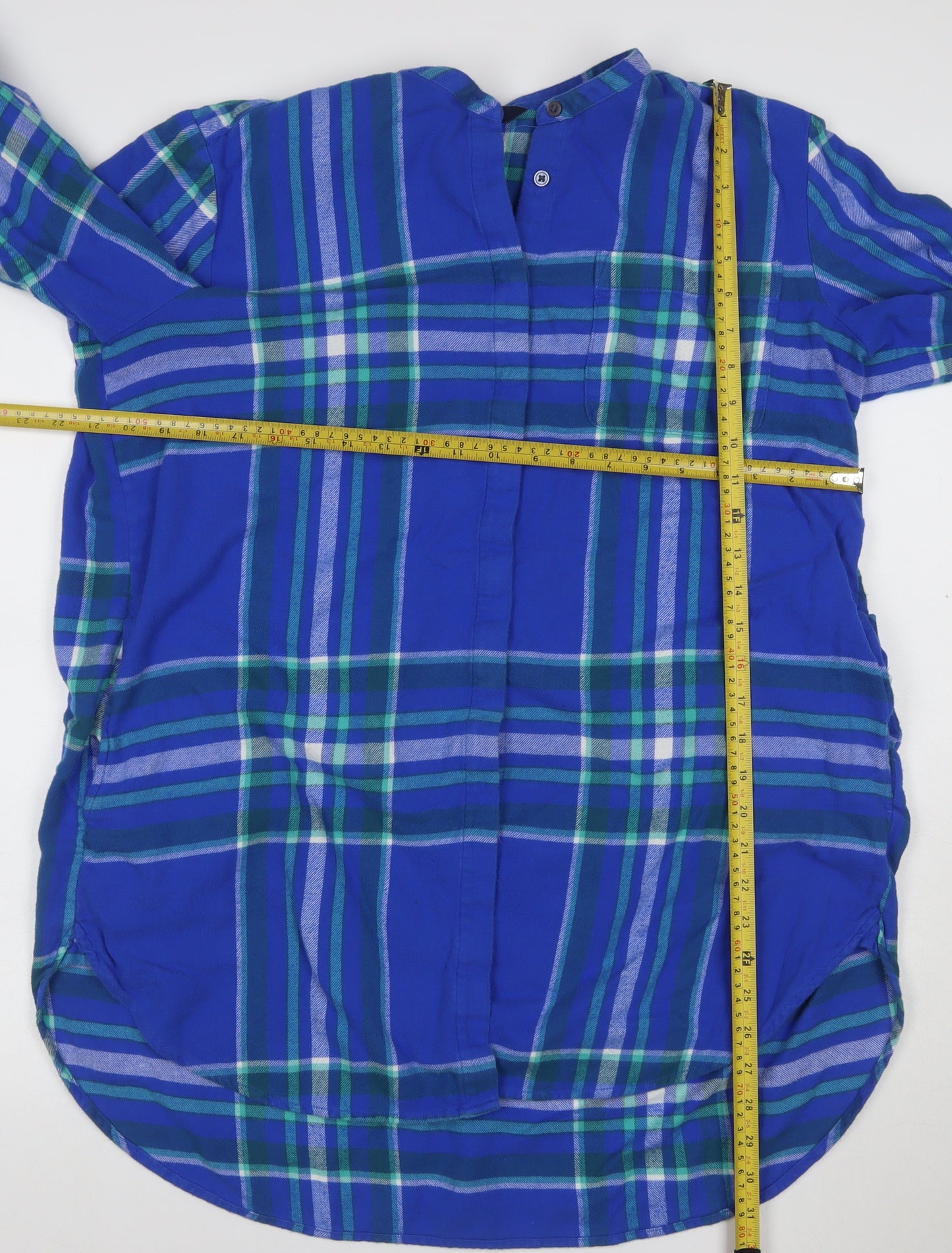 Lands' End Women Blue Plaid L Cotton Long Sleeve Tunic Blouse