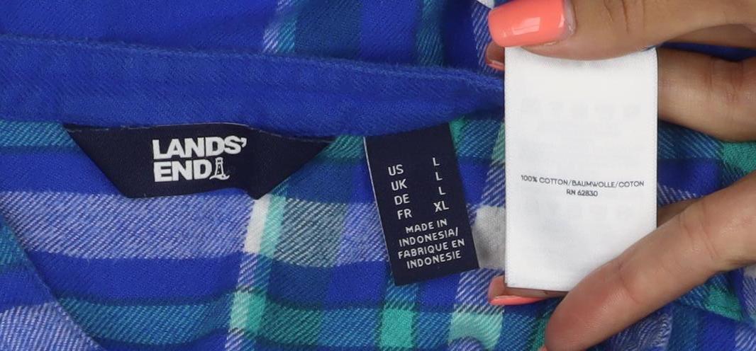 Lands' End Women Blue Plaid L Cotton Long Sleeve Tunic Blouse