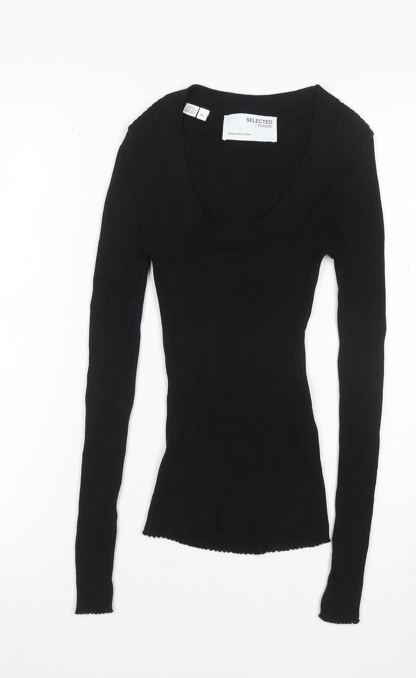 Selected Femme Women Black S Rib Knit Scoop Neck Long Sleeve T-Shirt