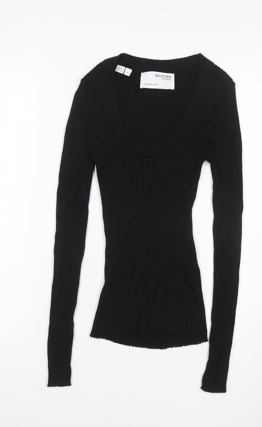 Selected Femme Women Black S Rib Knit Scoop Neck Long Sleeve T-Shirt