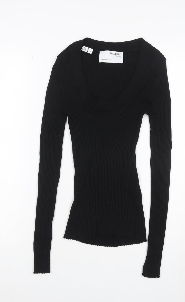Selected Femme Women Black S Rib Knit Scoop Neck Long Sleeve T-Shirt