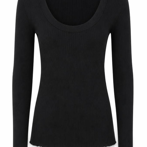 Selected Femme Women Black S Rib Knit Scoop Neck Long Sleeve T-Shirt