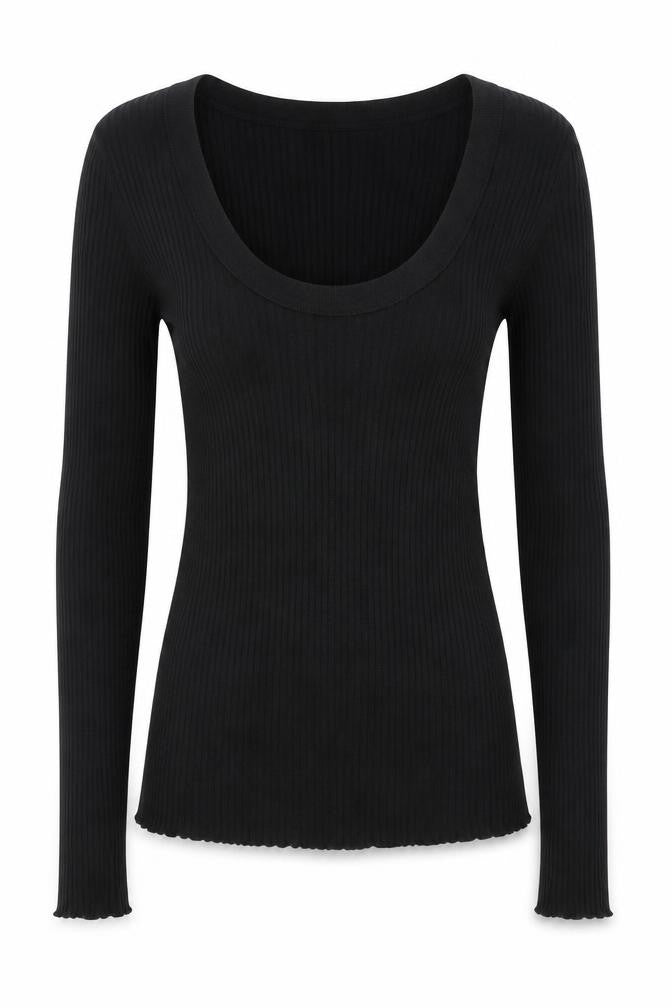 Selected Femme Women Black S Rib Knit Scoop Neck Long Sleeve T-Shirt