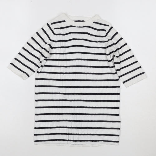 M&S Collection Women White Black Striped Rib Knit 3/4 Sleeve Top S