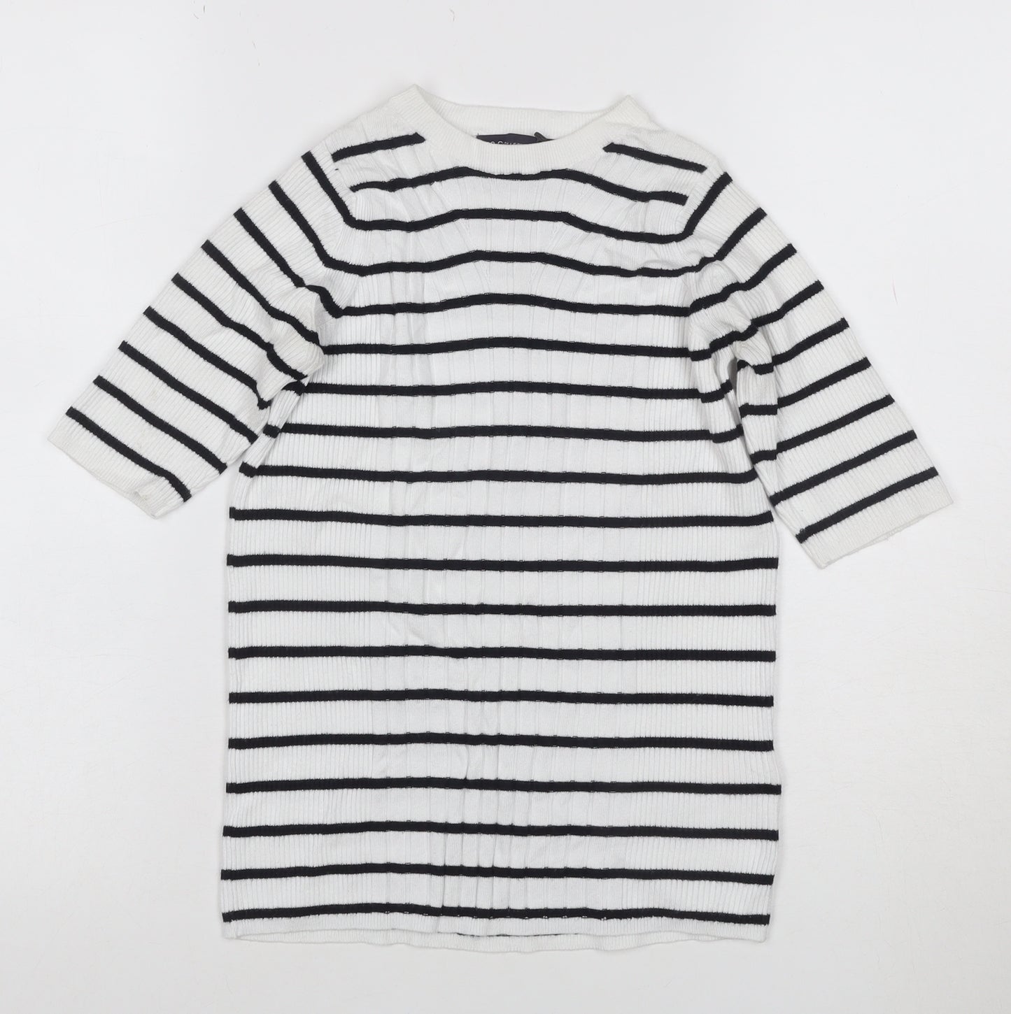 M&S Collection Women White Black Striped Rib Knit 3/4 Sleeve Top S