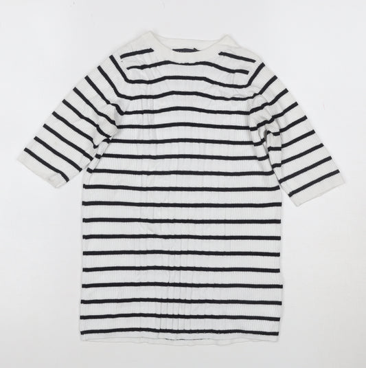 M&S Collection Women White Black Striped Rib Knit 3/4 Sleeve Top S