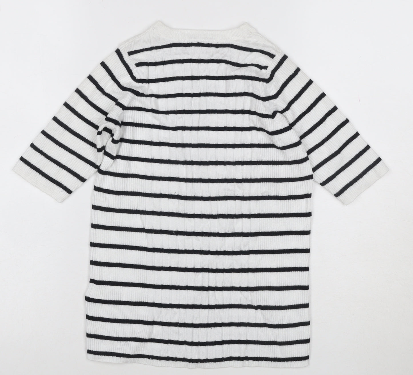 M&S Collection Women White Black Striped Rib Knit 3/4 Sleeve Top S