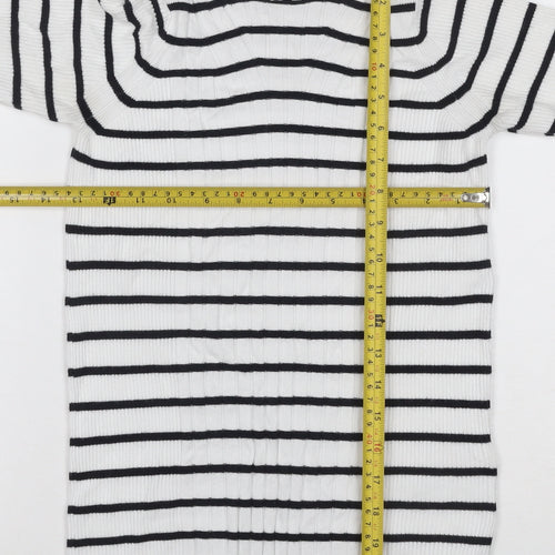 M&S Collection Women White Black Striped Rib Knit 3/4 Sleeve Top S
