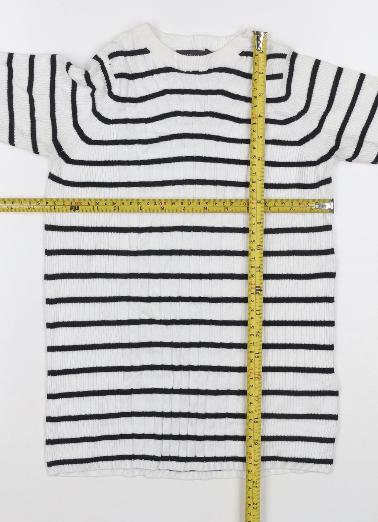 M&S Collection Women White Black Striped Rib Knit 3/4 Sleeve Top S