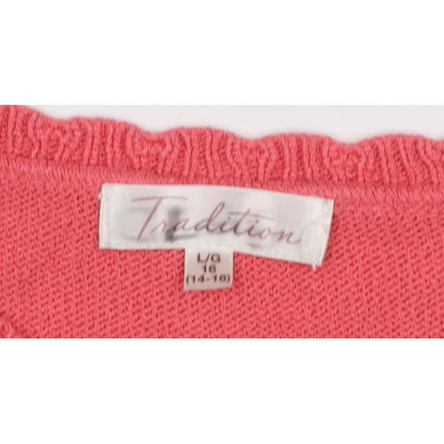 Tradition Women Pink L Pointelle Knit Short Sleeve Basic Top
