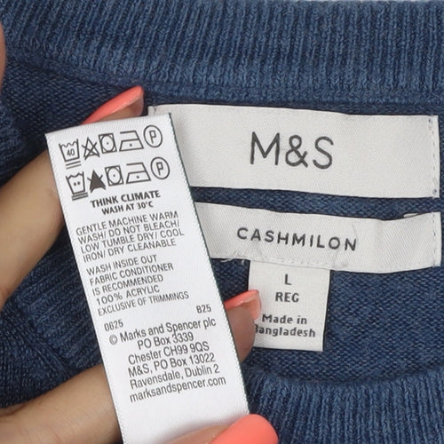 Marks and Spencer Men Blue L Regular Cashmilon Crew Neck Pullover Jumper