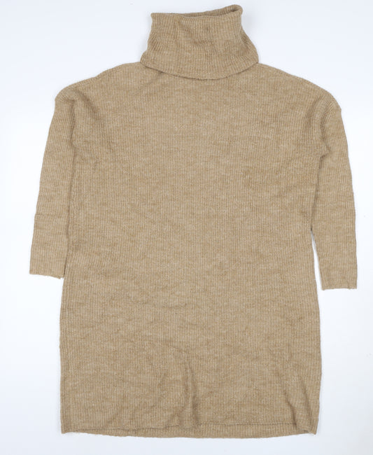 ONLY Women Beige M Alpaca Blend Roll Neck Tunic Jumper Long Sleeve