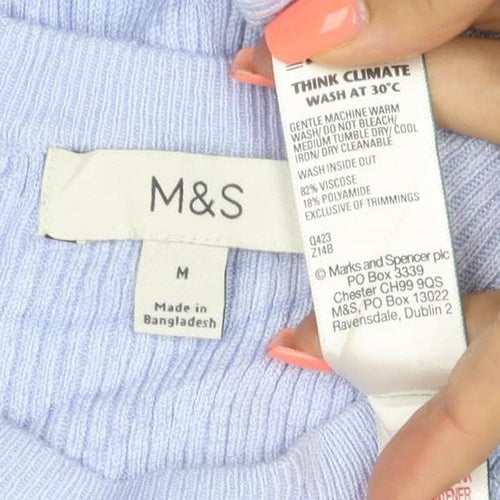 Marks and Spencer Women Blue M Ribbed Stretch Jersey T-Shirt