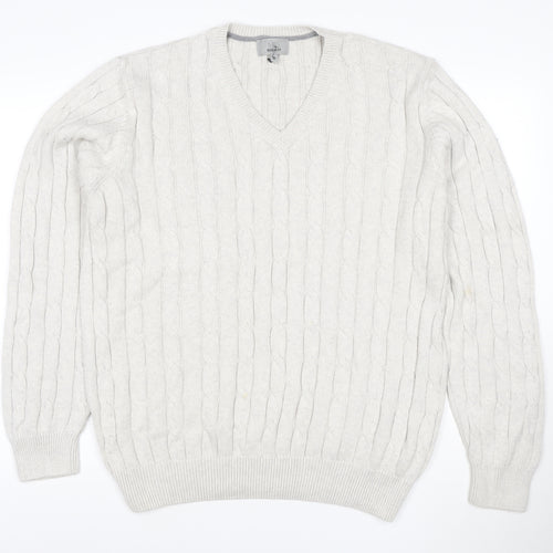 Marks and Spencer Men Ivory XL Cable-Knit V-Neck Cotton Pullover Jumper