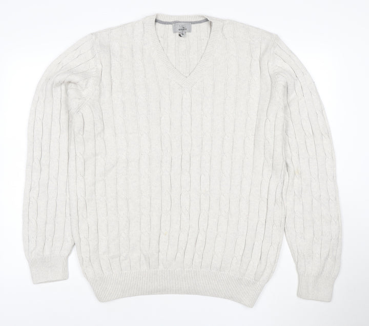 Marks and Spencer Men Ivory XL Cable-Knit V-Neck Cotton Pullover Jumper