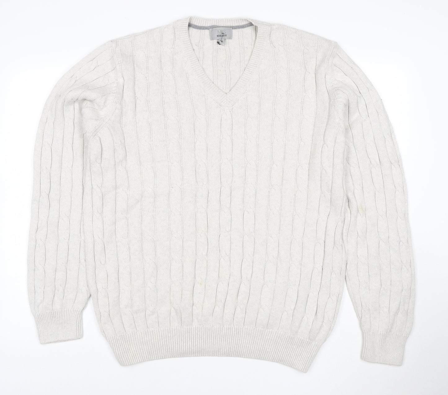 Marks and Spencer Men Ivory XL Cable-Knit V-Neck Cotton Pullover Jumper