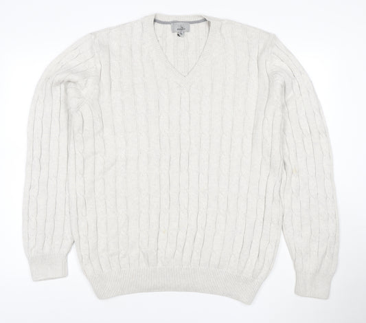 Marks and Spencer Men Ivory XL Cable-Knit V-Neck Cotton Pullover Jumper