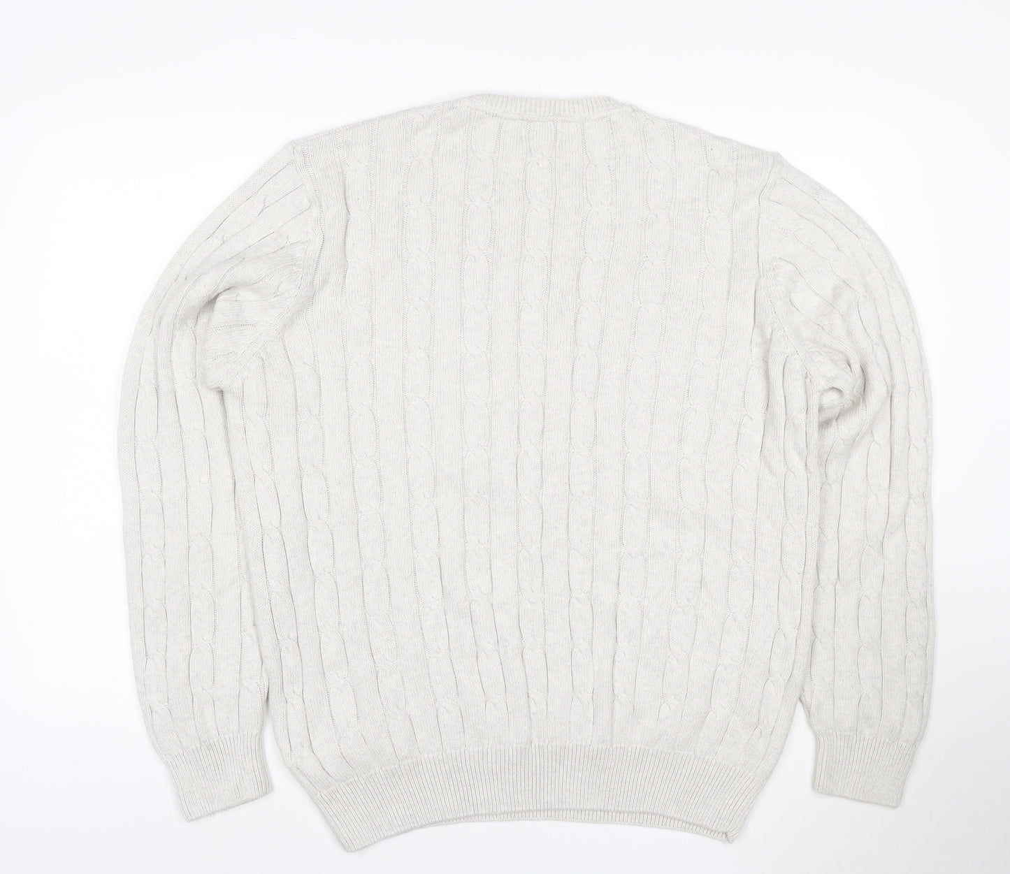 Marks and Spencer Men Ivory XL Cable-Knit V-Neck Cotton Pullover Jumper