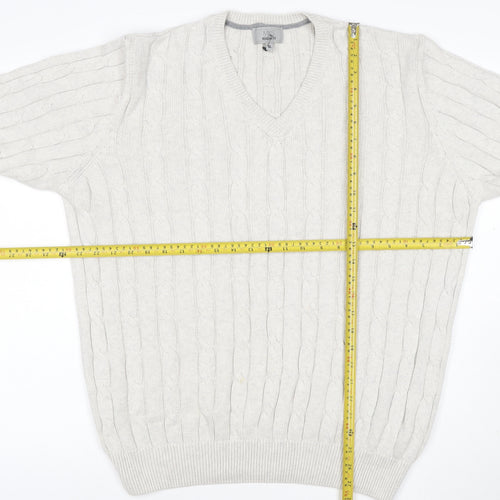 Marks and Spencer Men Ivory XL Cable-Knit V-Neck Cotton Pullover Jumper
