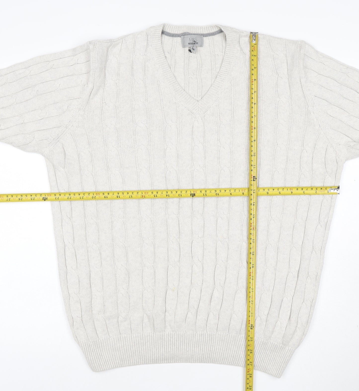 Marks and Spencer Men Ivory XL Cable-Knit V-Neck Cotton Pullover Jumper