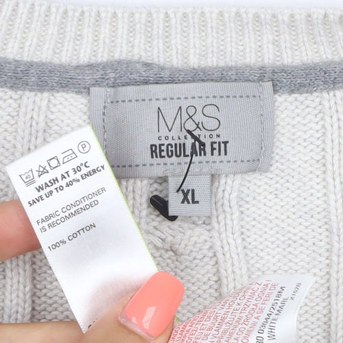 Marks and Spencer Men Ivory XL Cable-Knit V-Neck Cotton Pullover Jumper