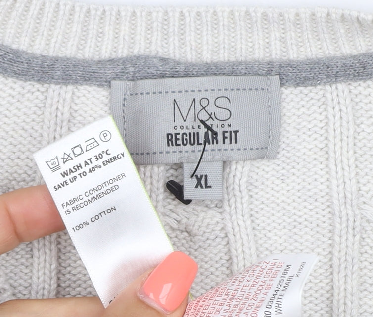 Marks and Spencer Men Ivory XL Cable-Knit V-Neck Cotton Pullover Jumper