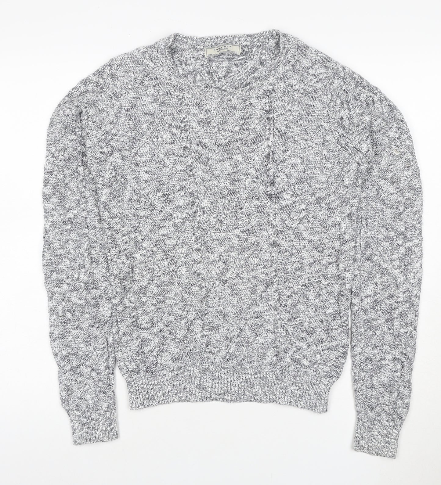 Zara Man Grey S Cable Knit Cotton Crew Neck Pullover Jumper