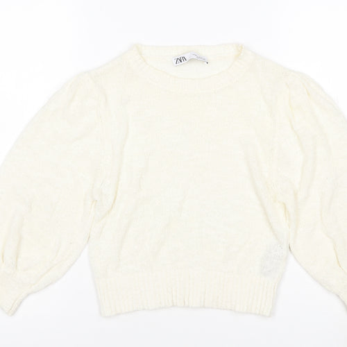 Zara Women Ivory M Cotton Blend Knit Balloon Sleeve Pullover Jumper