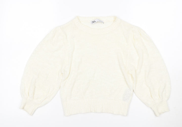Zara Women Ivory M Cotton Blend Knit Balloon Sleeve Pullover Jumper