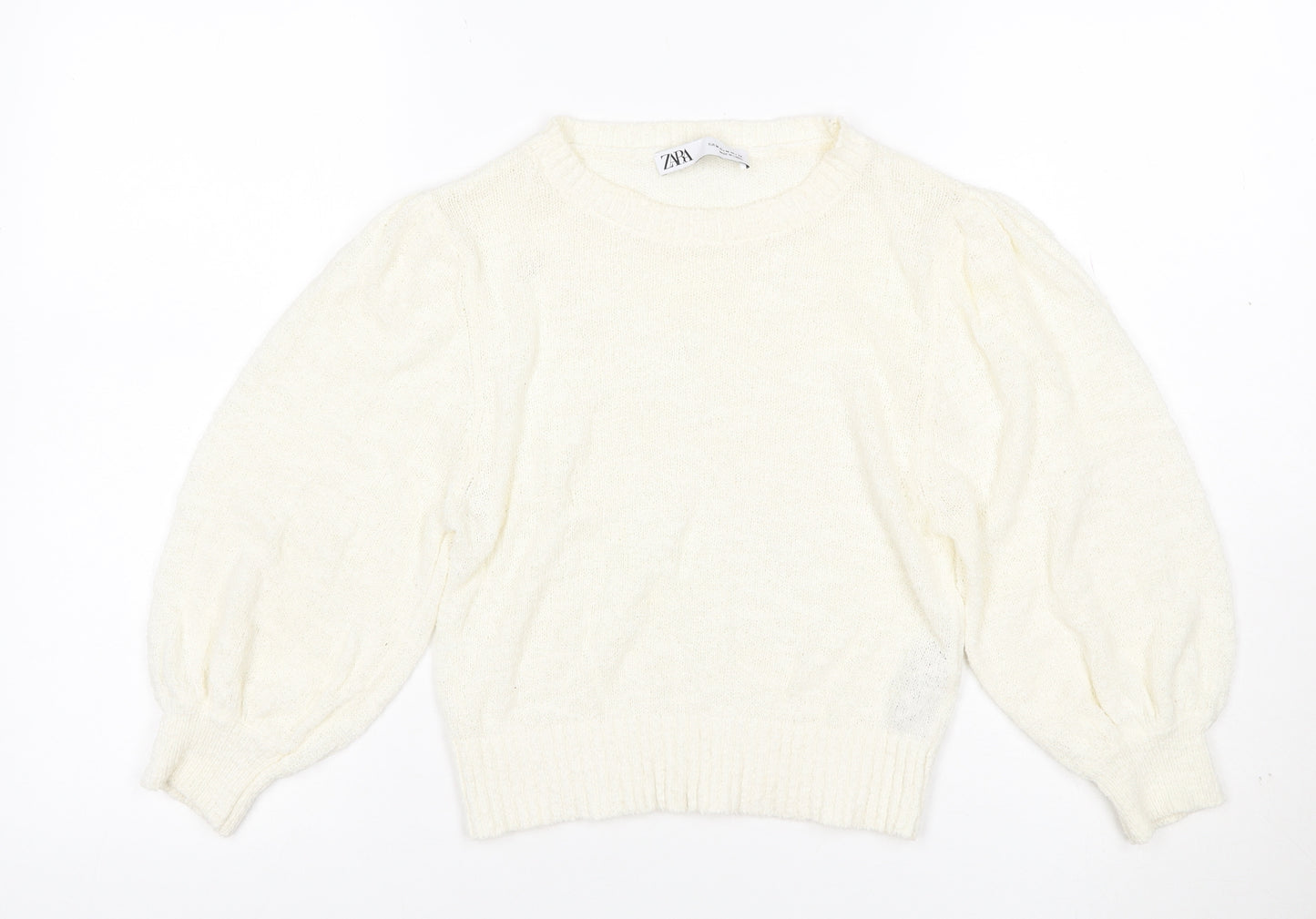 Zara Women Ivory M Cotton Blend Knit Balloon Sleeve Pullover Jumper