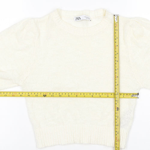 Zara Women Ivory M Cotton Blend Knit Balloon Sleeve Pullover Jumper