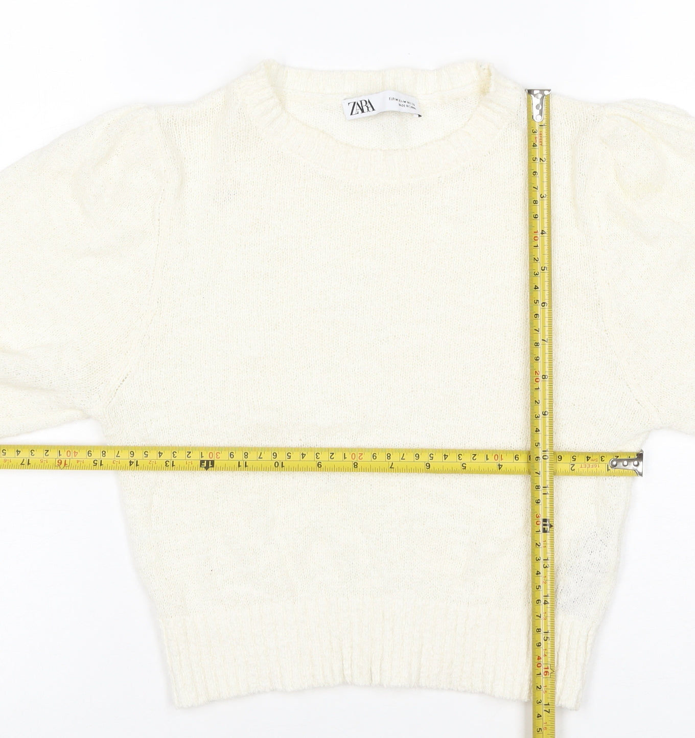 Zara Women Ivory M Cotton Blend Knit Balloon Sleeve Pullover Jumper