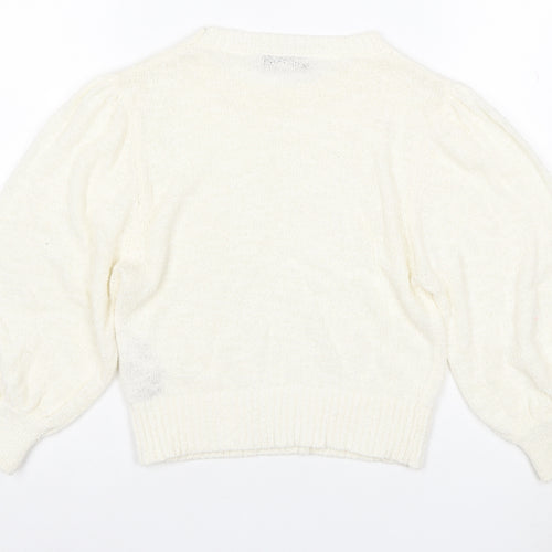 Zara Women Ivory M Cotton Blend Knit Balloon Sleeve Pullover Jumper