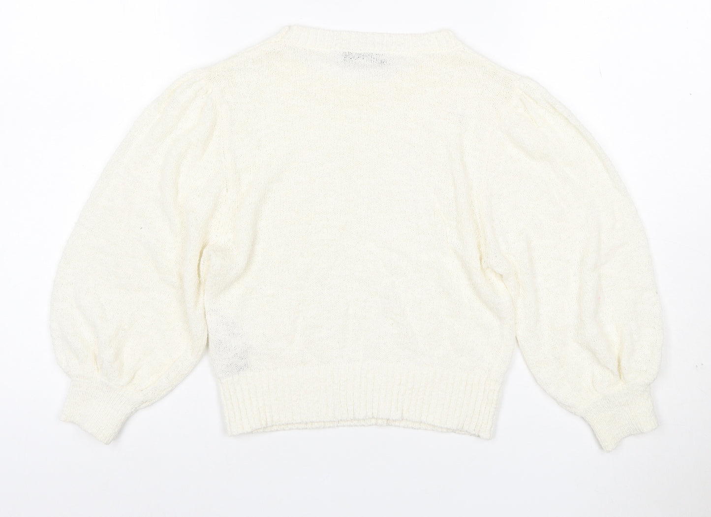 Zara Women Ivory M Cotton Blend Knit Balloon Sleeve Pullover Jumper