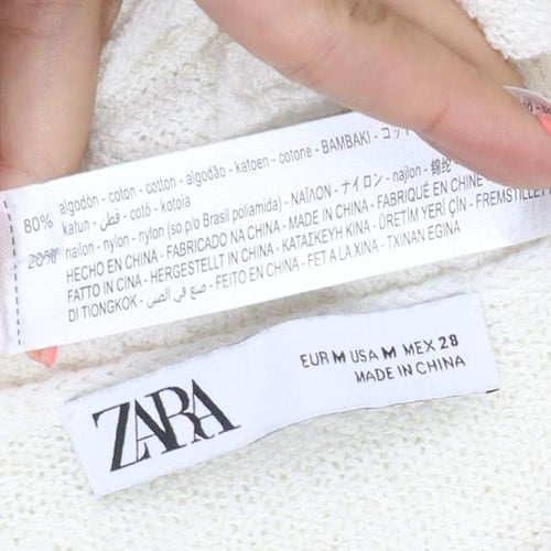 Zara Women Ivory M Cotton Blend Knit Balloon Sleeve Pullover Jumper