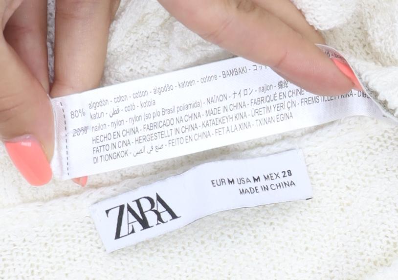 Zara Women Ivory M Cotton Blend Knit Balloon Sleeve Pullover Jumper