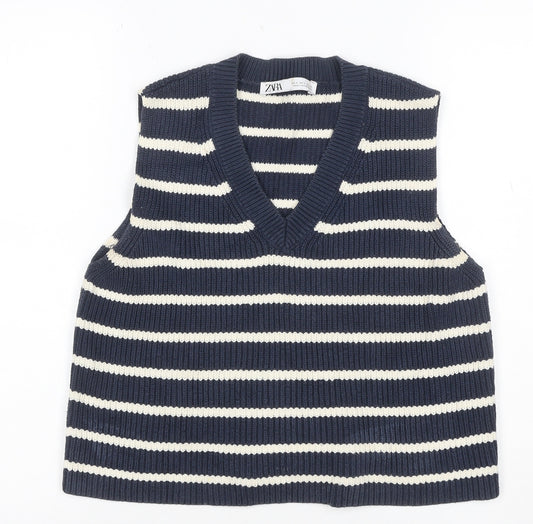 Zara Women’s Blue Ivory Striped V-Neck Knit Vest Jumper Size S