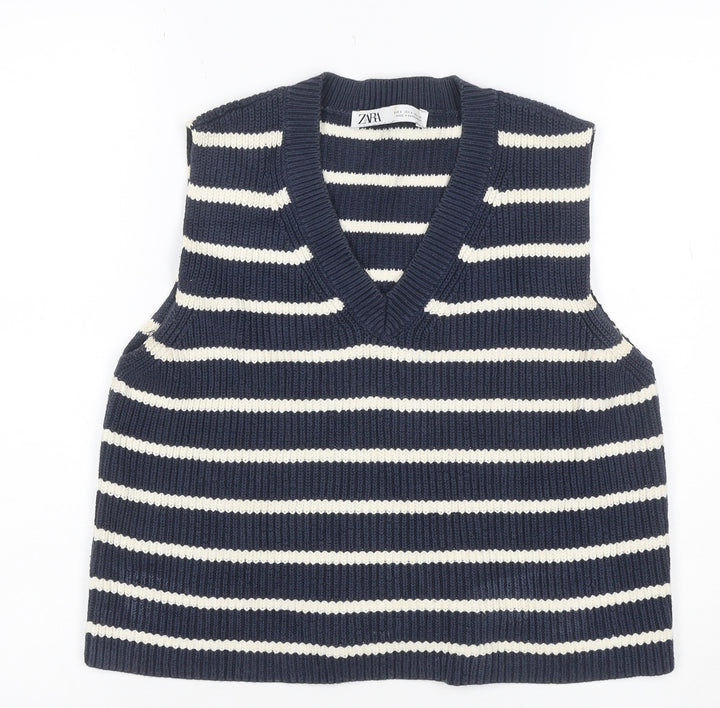 Zara Women’s Blue Ivory Striped V-Neck Knit Vest Jumper Size S