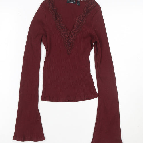 ASOS DESIGN Women Red XS Ribbed Lace V-Neck Flare Sleeve Top