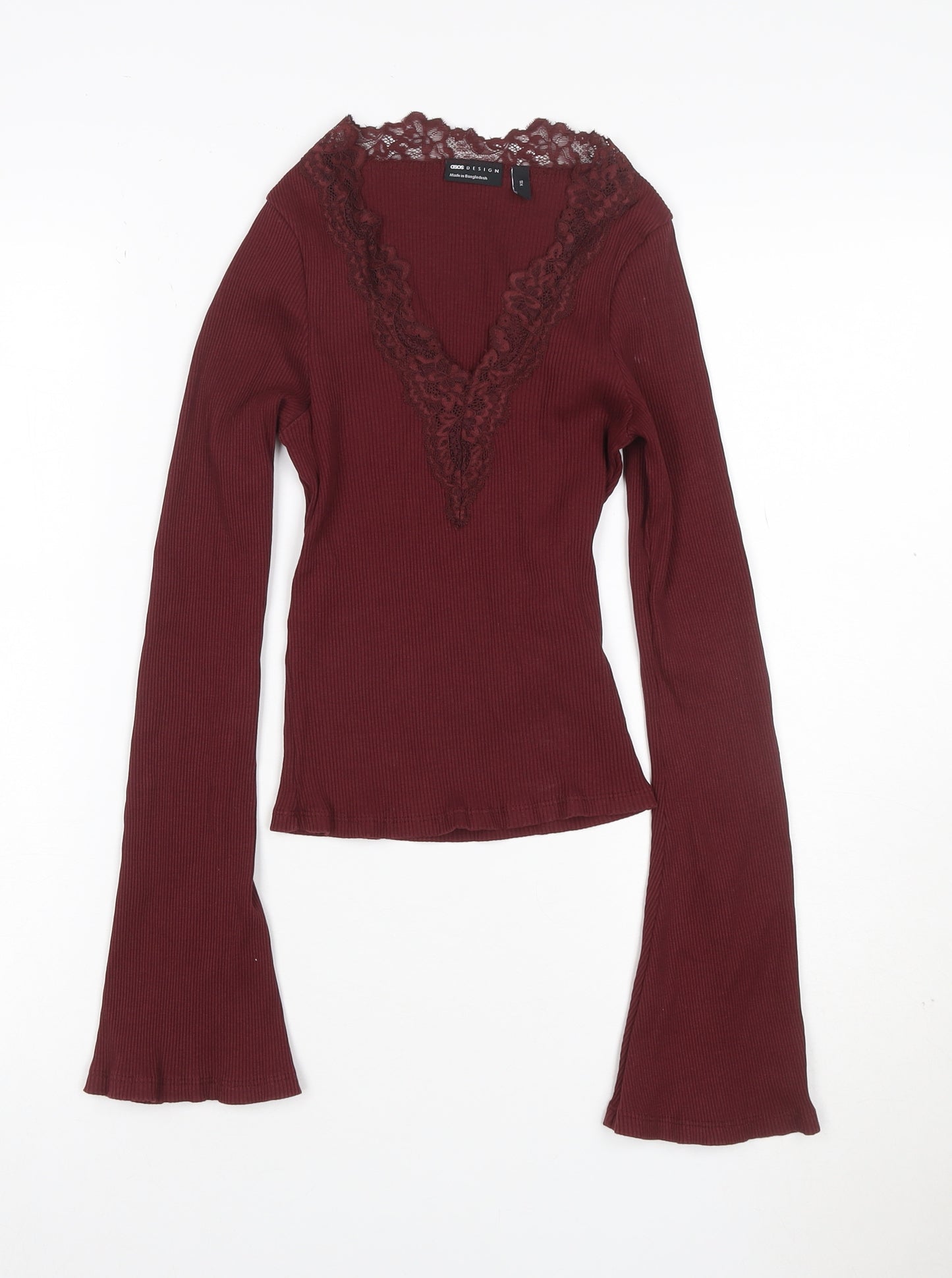 ASOS DESIGN Women Red XS Ribbed Lace V-Neck Flare Sleeve Top