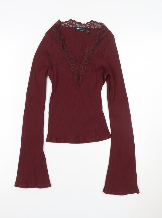 ASOS DESIGN Women Red XS Ribbed Lace V-Neck Flare Sleeve Top