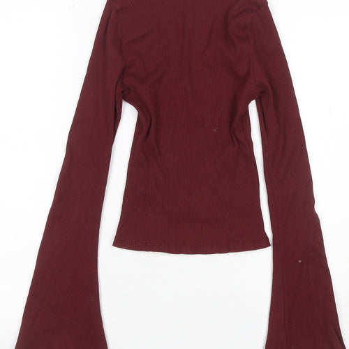 ASOS DESIGN Women Red XS Ribbed Lace V-Neck Flare Sleeve Top